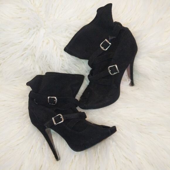 Black Suede Peep toe Bootie - Picture 1 of 6
